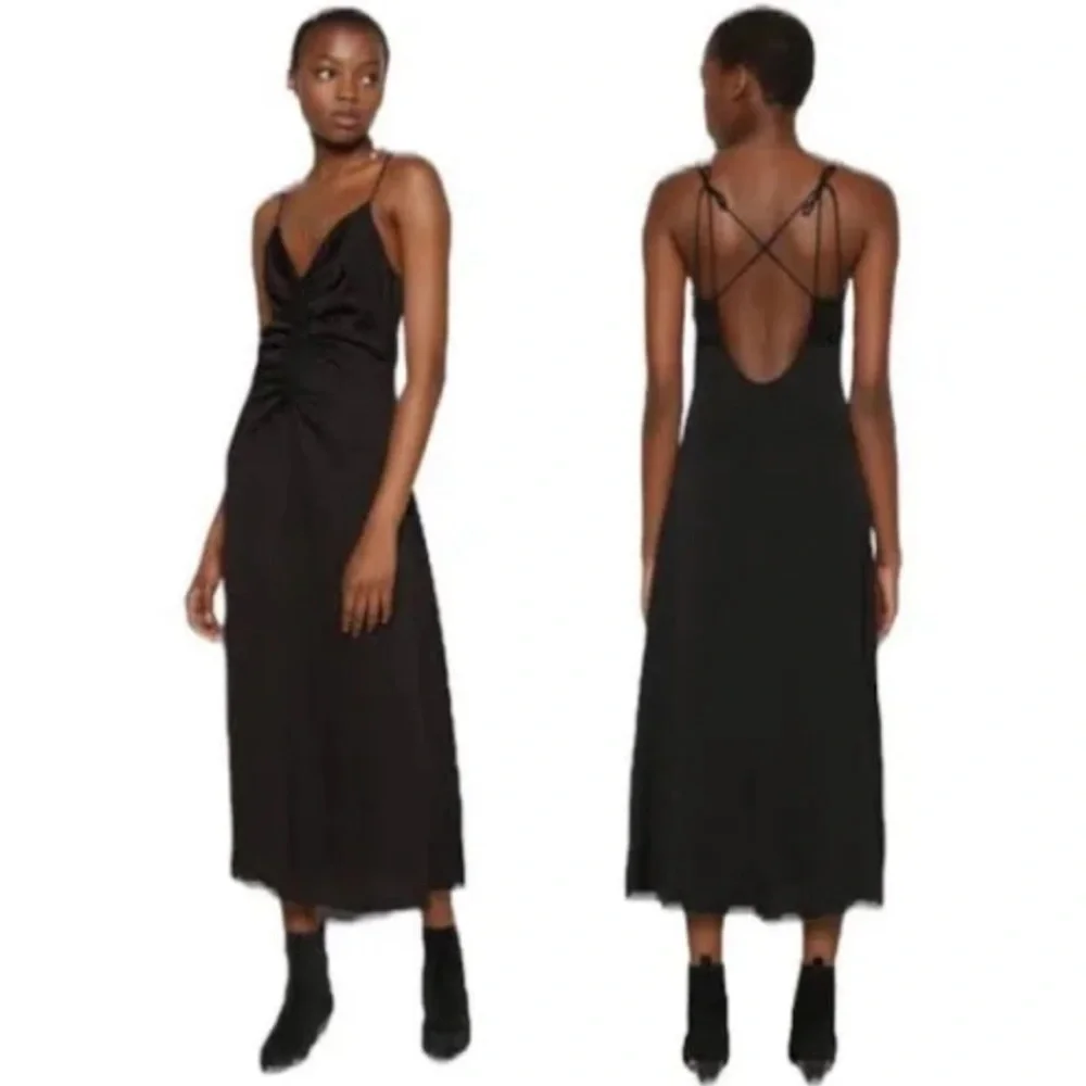 Jason Wu Black Satin Ruched Front Midi Dress Size MEDIUM NWOT